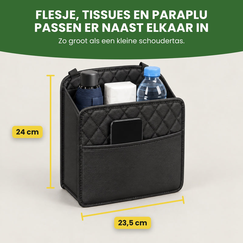 Navorra organizer holding an umbrella, a pack of tissues and a water bottle: 9.3 in wide and 9.4 in tall, the size of a small shoulder bag