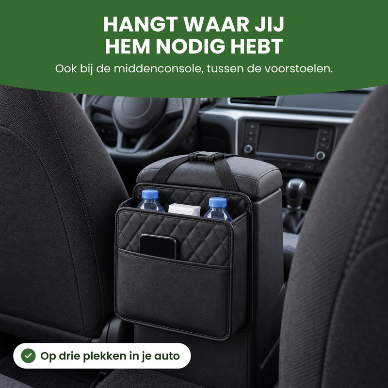 Navorra organizer by the center console between the front seats, with two water bottles and tissues: hangs right where you need it