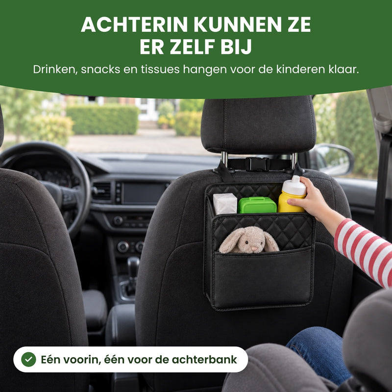 A child's hand takes a drink bottle from the Navorra organizer, with a snack box and a stuffed bunny: kids in the back can help themselves