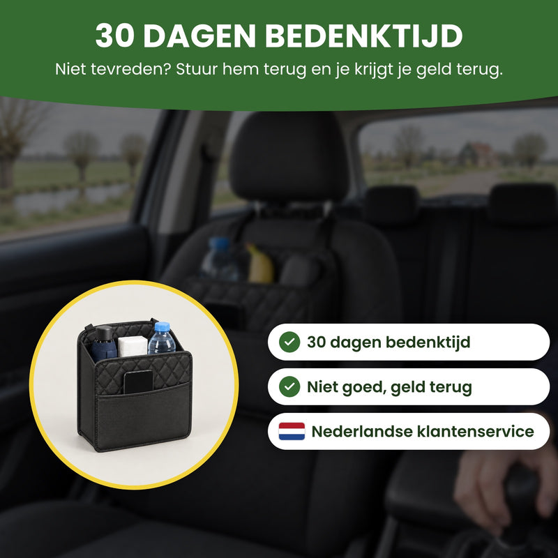 Navorra car seat organizer with labels reading '30-day returns', 'Not happy? Money back' and 'English-speaking support' with a US flag