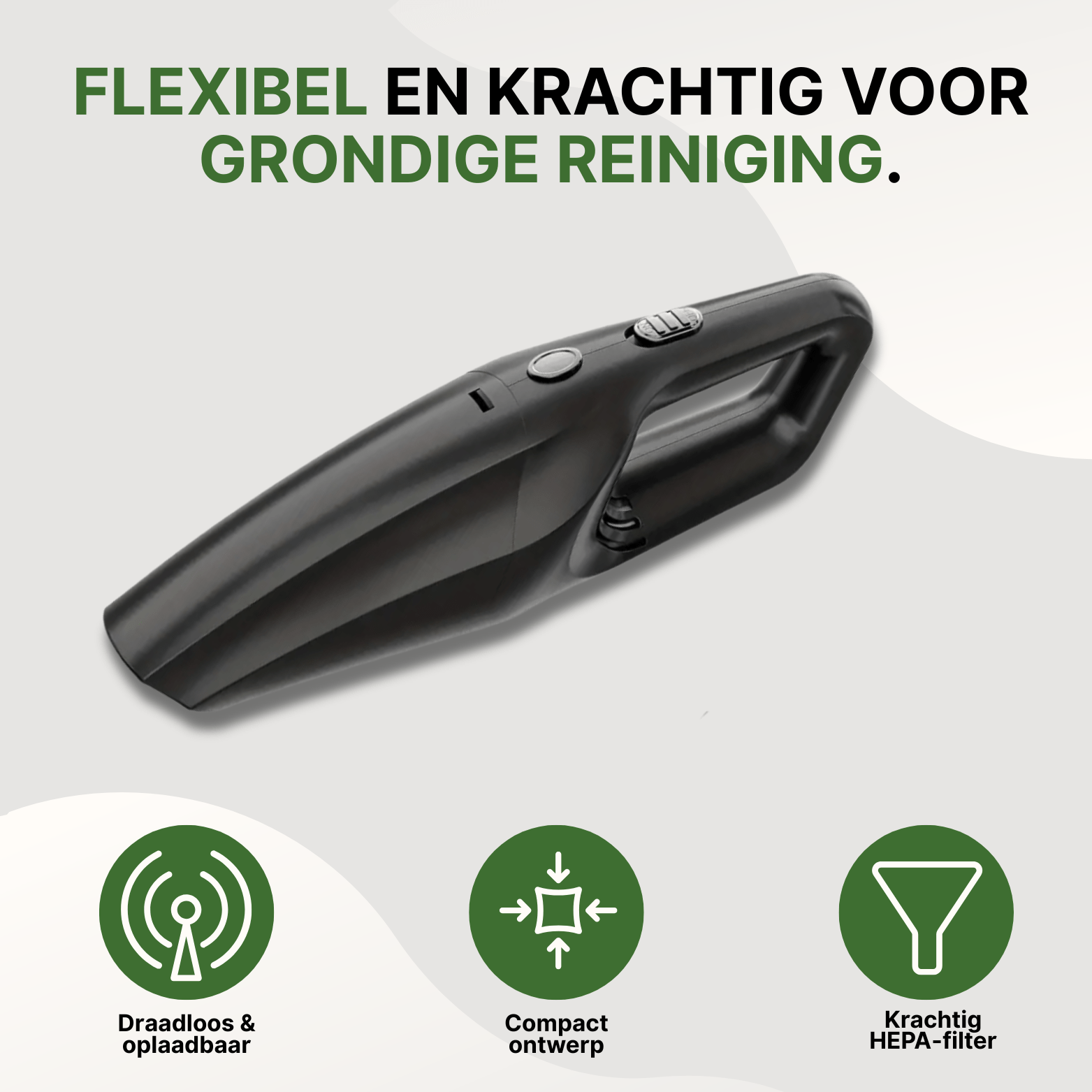 Zwarte Neatix™ handstofzuiger met compact ontwerp en krachtige HEPA-filter, draadloos en oplaadbaar.