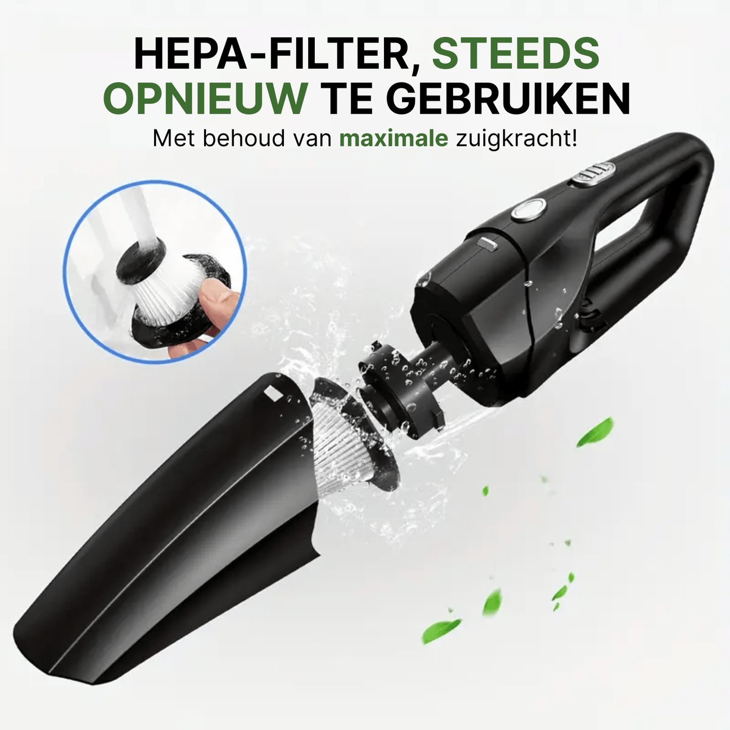 Uit elkaar gehaalde Neatix™ handstofzuiger met wasbare HEPA-filter onder stromend water.
