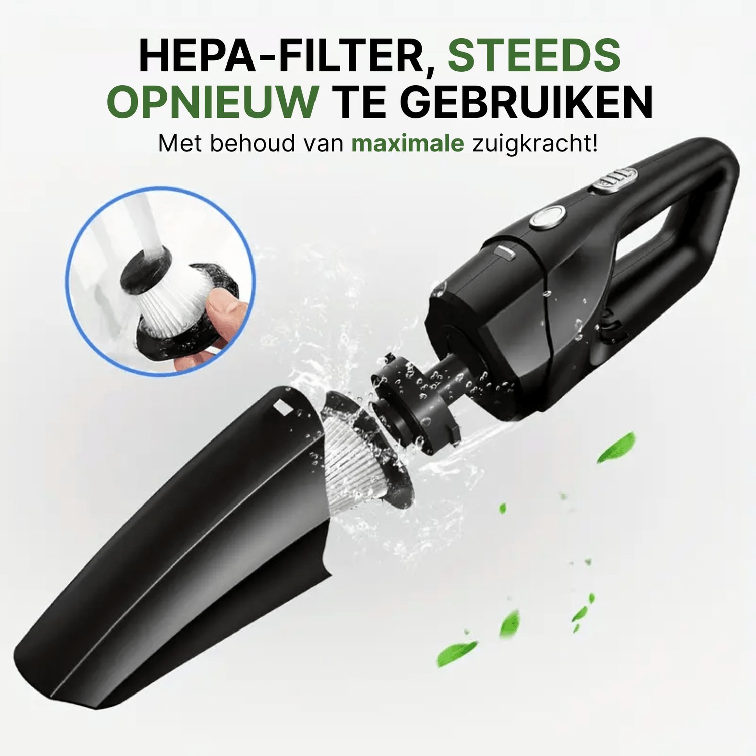 Uit elkaar gehaalde Neatix™ handstofzuiger met wasbare HEPA-filter onder stromend water.