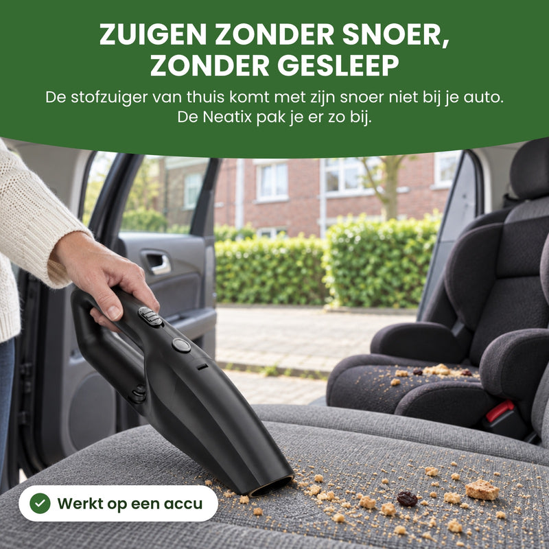 A hand vacuums crumbs on the back seat by a booster seat with the Neatix, the car parked at the curb: no cord, nothing to drag around