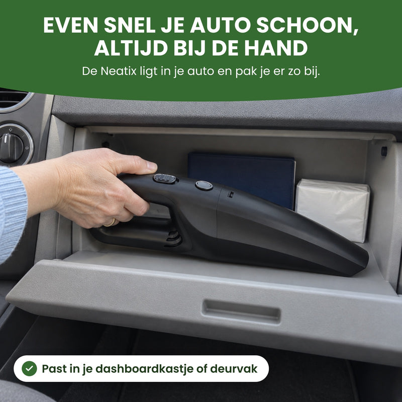 A hand lifts the black Neatix out of an open glove box: quick car cleanups, always within reach