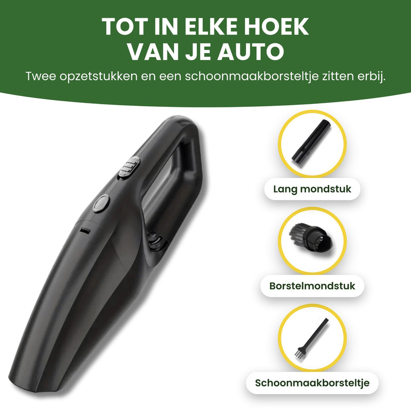 The Neatix handheld vacuum with its long nozzle, brush nozzle and cleaning brush, each labeled: reaches every corner of your car