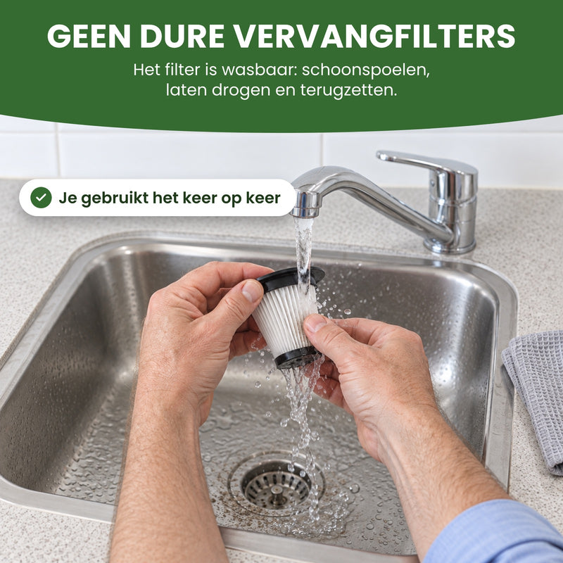 Two hands rinse the white Neatix filter under the kitchen faucet: the filter is washable, no pricey replacement filters