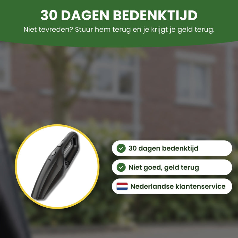 Neatix handheld vacuum in a circle, with 30-day returns, money back if you're not happy, and English-speaking support
