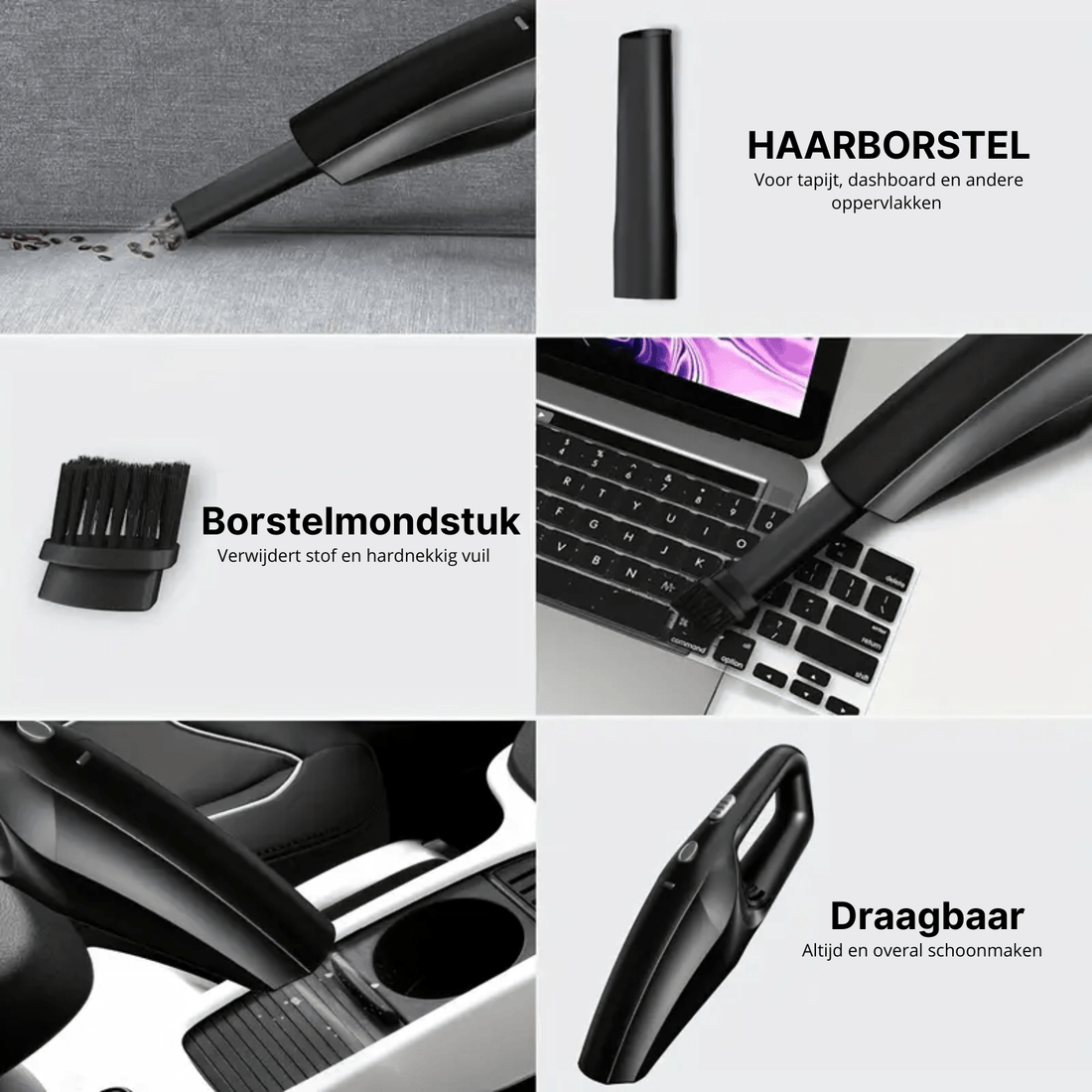 Neatix™ handheld vacuum cleaner with attachments for carpet, keyboard, and car interior shown in use.
