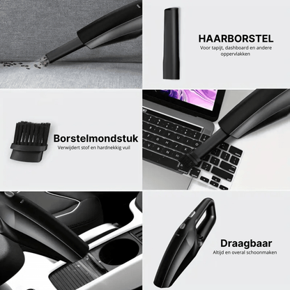 Neatix™ handstofzuiger met opzetstukken voor tapijt, toetsenbord en autointerieur in gebruik getoond.