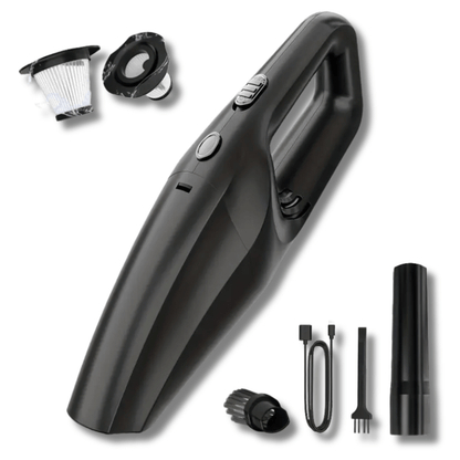 Zwarte Neatix™ draadloze handstofzuiger met verwisselbare opzetstukken en accessoires op een witte achtergrond.