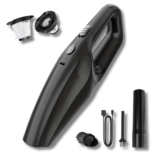 Zwarte Neatix™ draadloze handstofzuiger met verwisselbare opzetstukken en accessoires op een witte achtergrond.