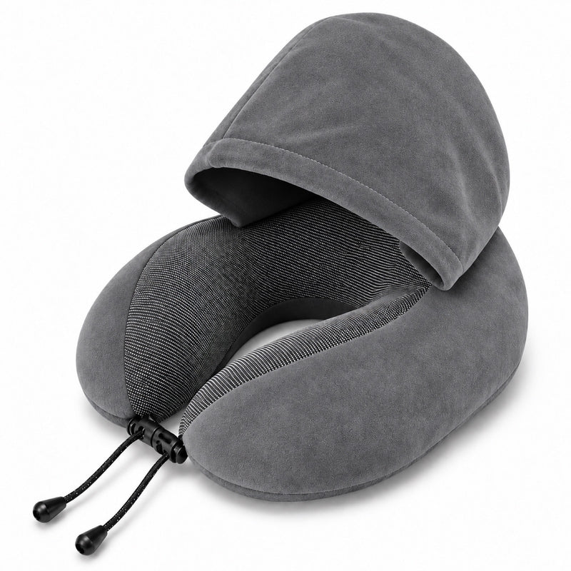 Gray NeckEase travel pillow on a white background: a U-shaped neck pillow with an attached hood and a drawcord with a cord lock