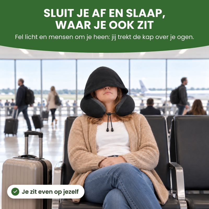 Woman at an airport gate, the hood of the black NeckEase pillow over her eyes, people walking by: tune it all out and sleep, wherever you are