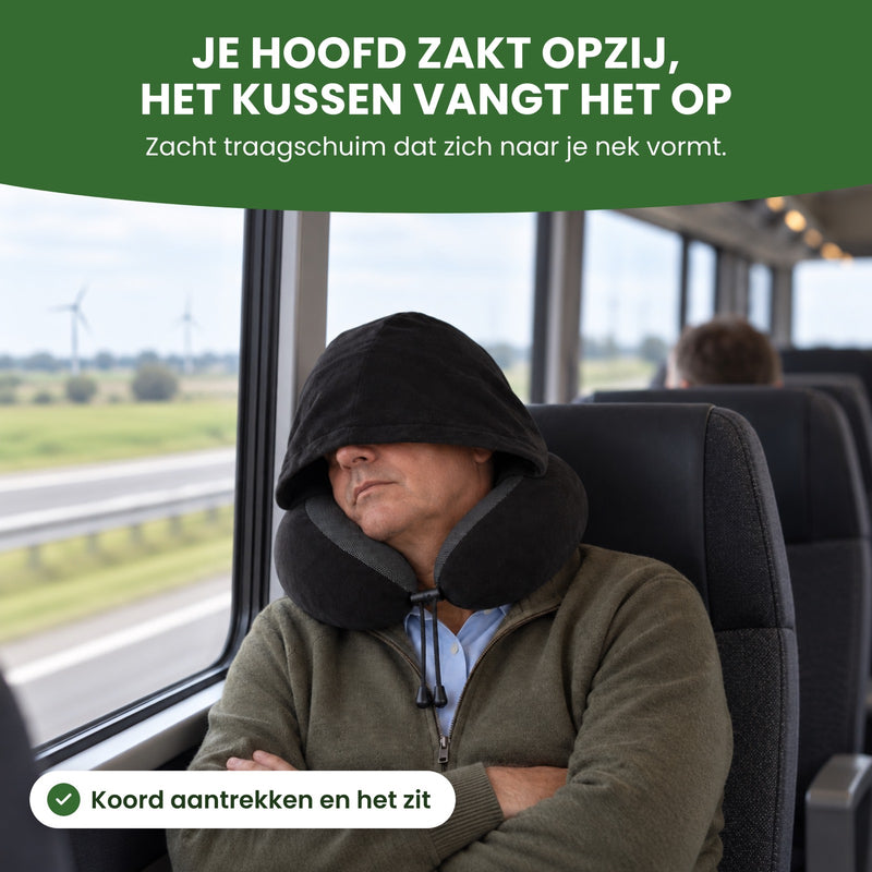 Man on a bus, head resting against the black NeckEase pillow, cord pulled snug: your head drops to the side, the pillow catches it