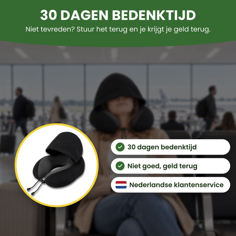 Black NeckEase travel pillow in a circle, with labels reading 30-day returns, Not happy? Money back, and English-speaking support