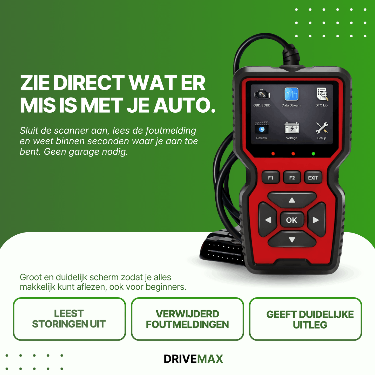 Red-black Drive Max OBD2 scanner with screen and buttons, with connected cable against green background.