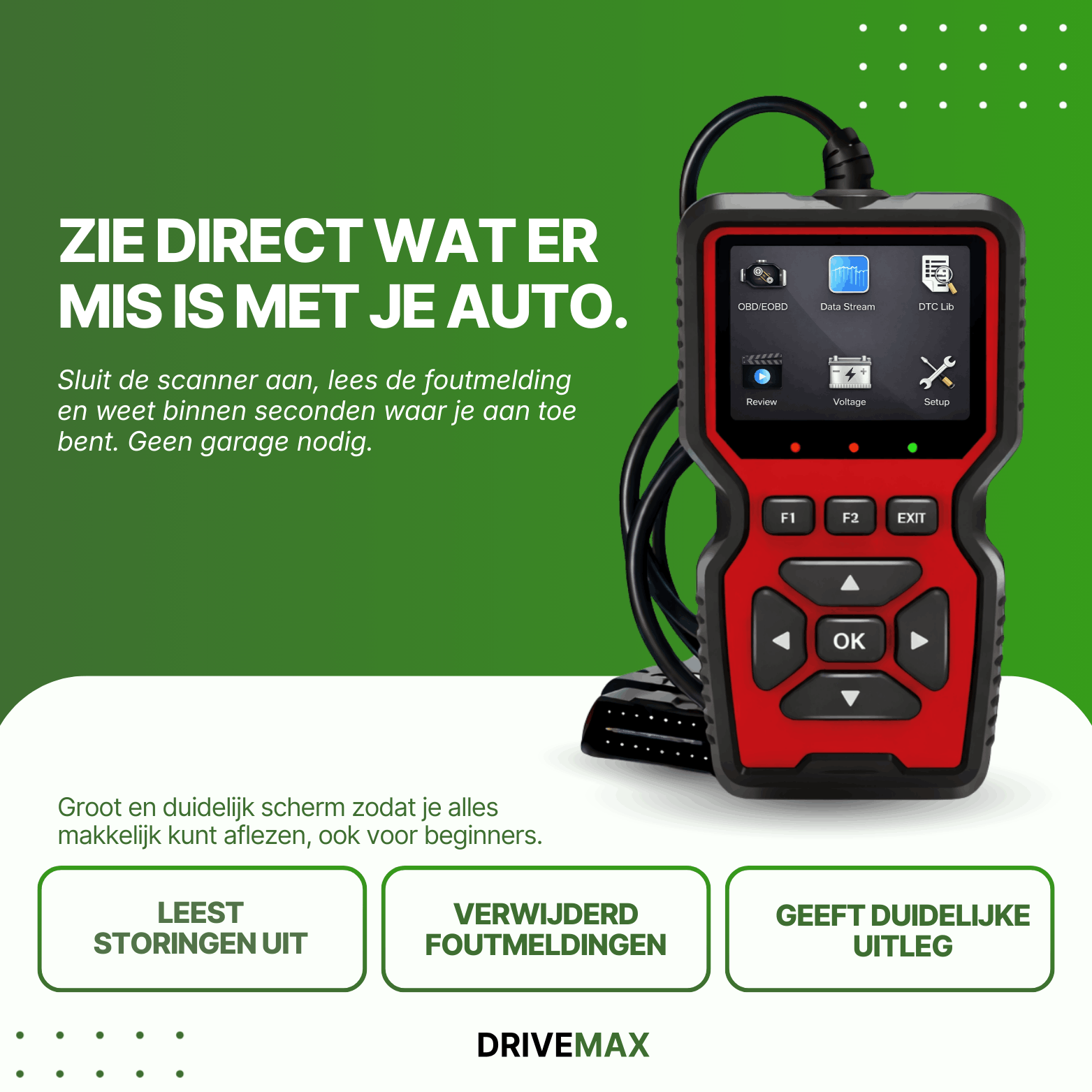 Red-black Drive Max OBD2 scanner with screen and buttons, with connected cable against green background.