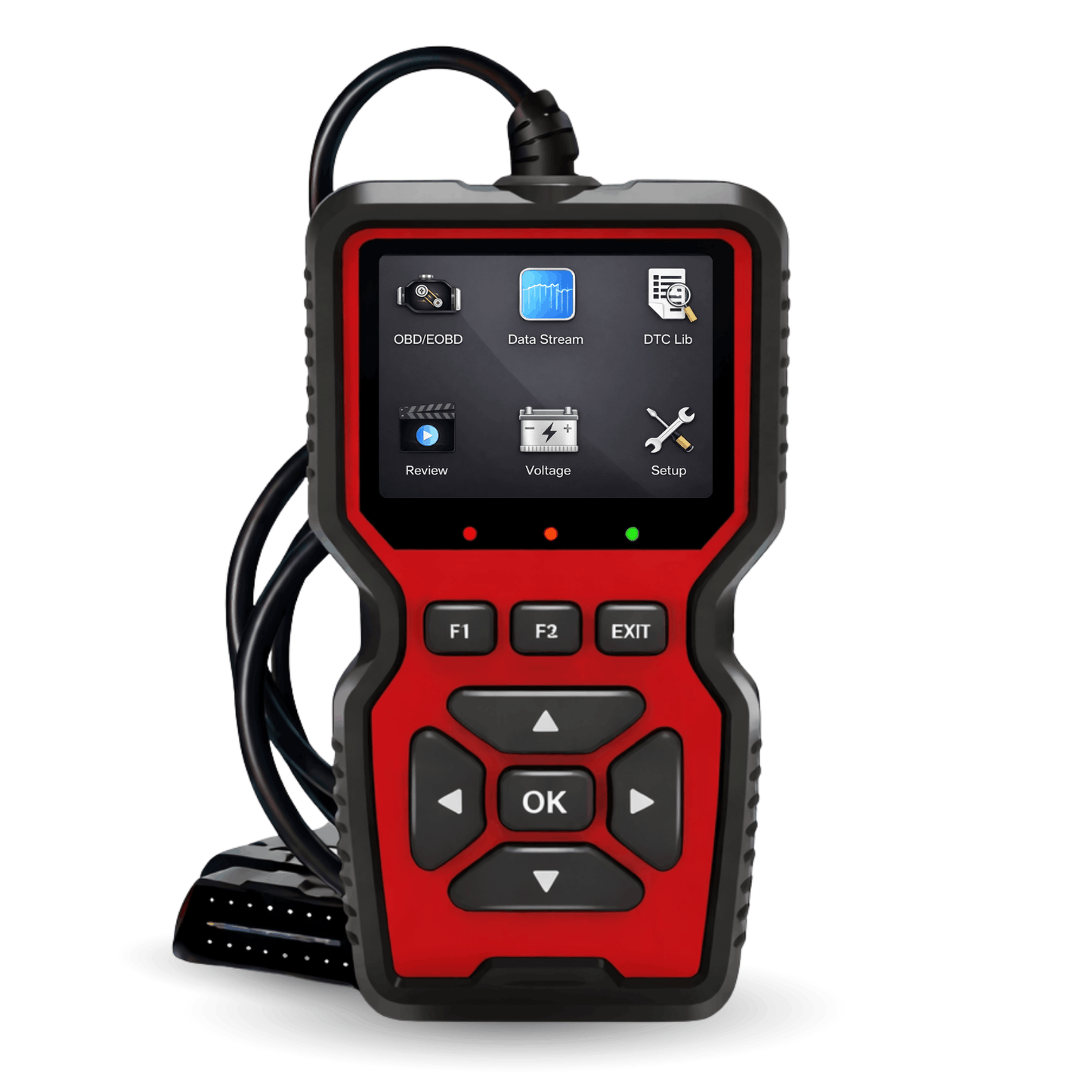 Red-black OBD2 scanner with screen, control buttons, and connected cable, shown from the front.