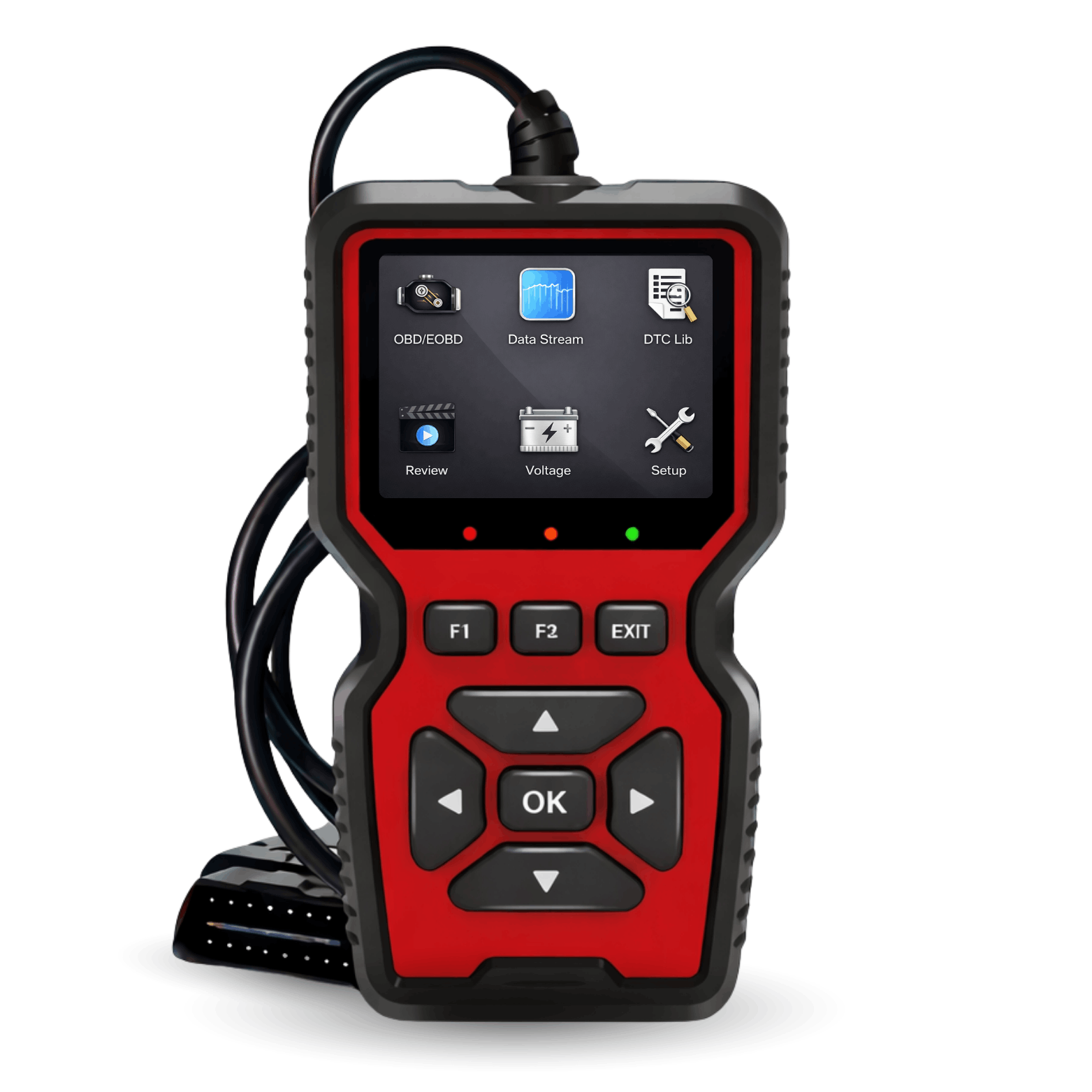Red-black OBD2 scanner with screen, control buttons, and connected cable, shown from the front.