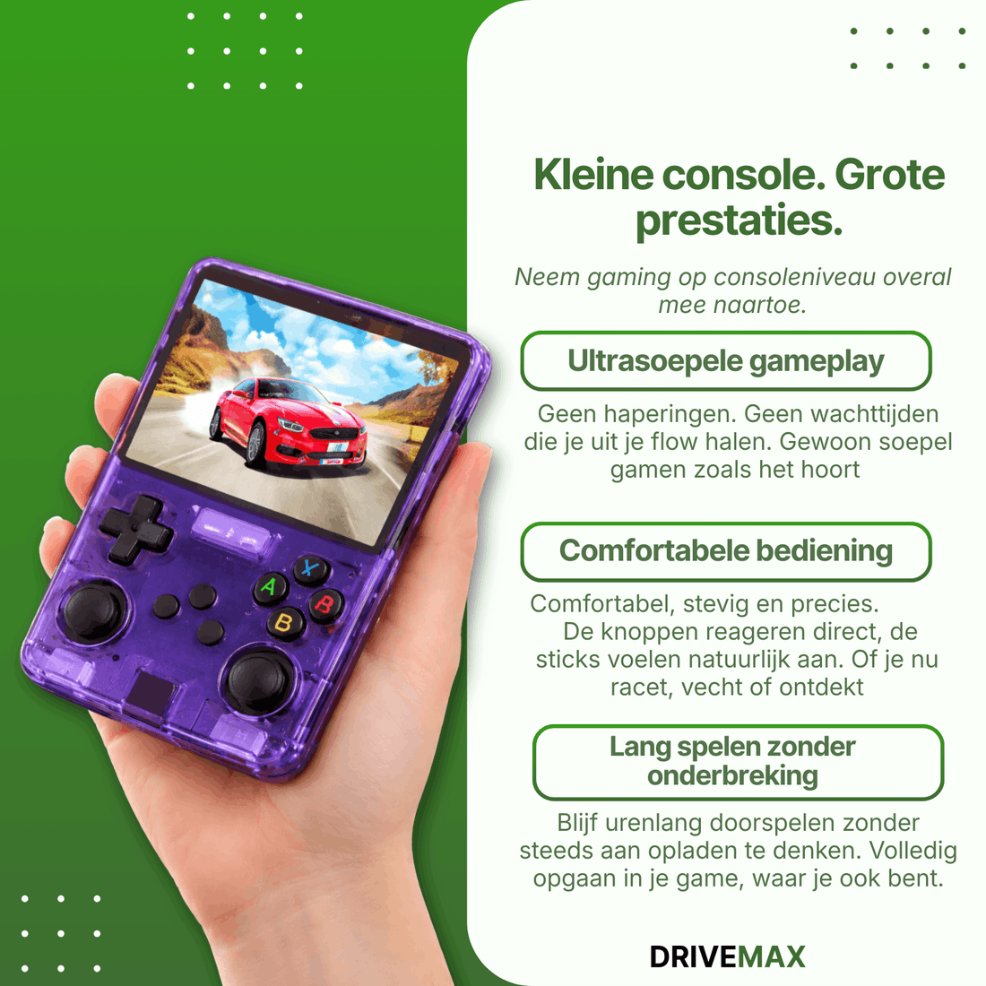 Portable handheld gaming console in transparent purple design held in a hand, showing a racing game on the screen with classic joystick and button controls.