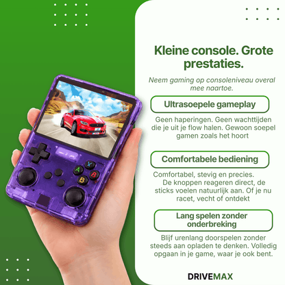 Portable handheld gaming console in transparent purple design held in a hand, showing a racing game on the screen with classic joystick and button controls.