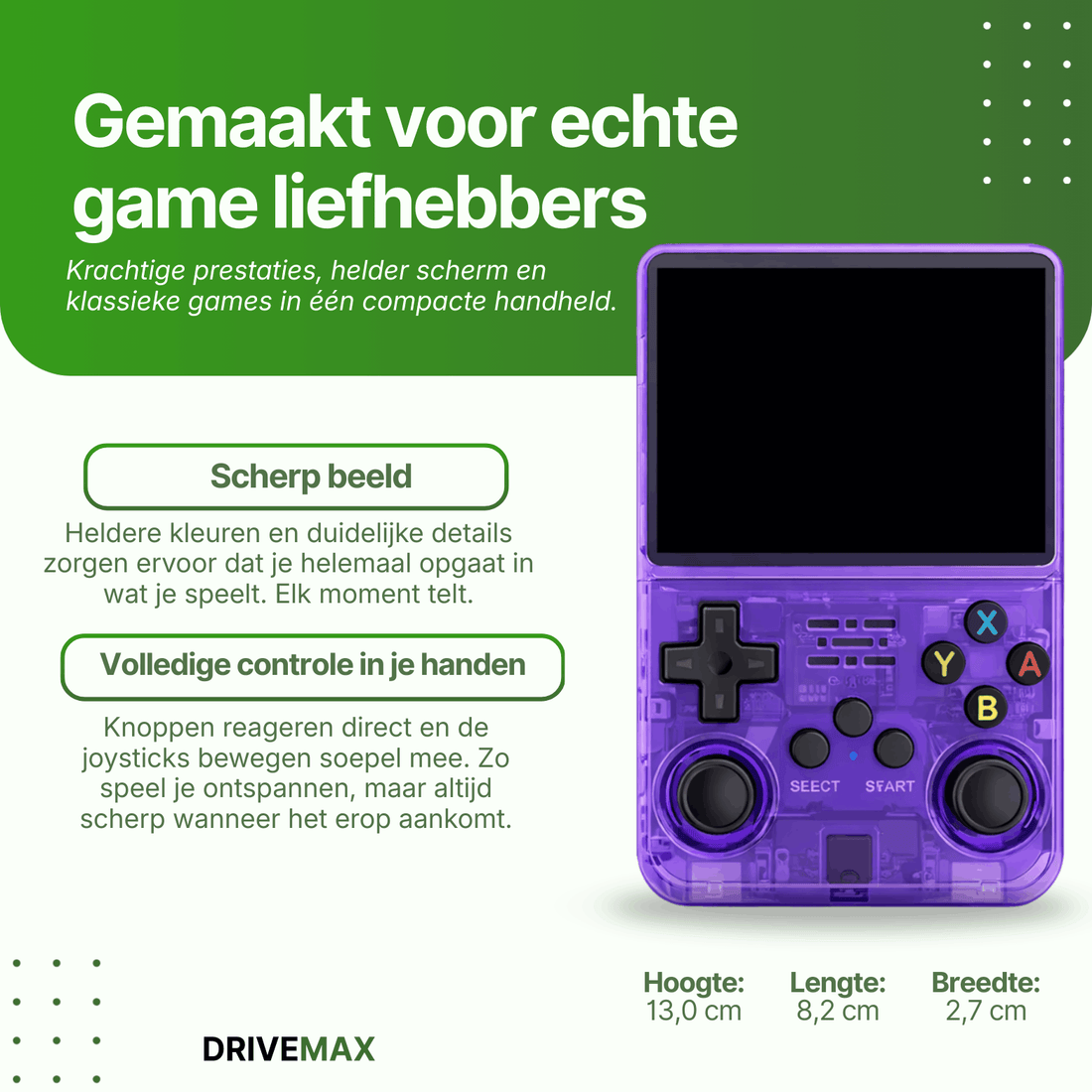 Purple transparent handheld gaming console with dual joysticks and classic buttons, featuring a high-quality display and compact portable design.