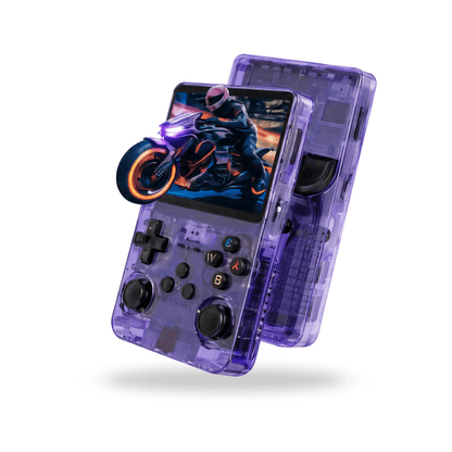 Purple transparent handheld gaming console with classic buttons and joysticks, showing a motorcycle racing game on the screen.