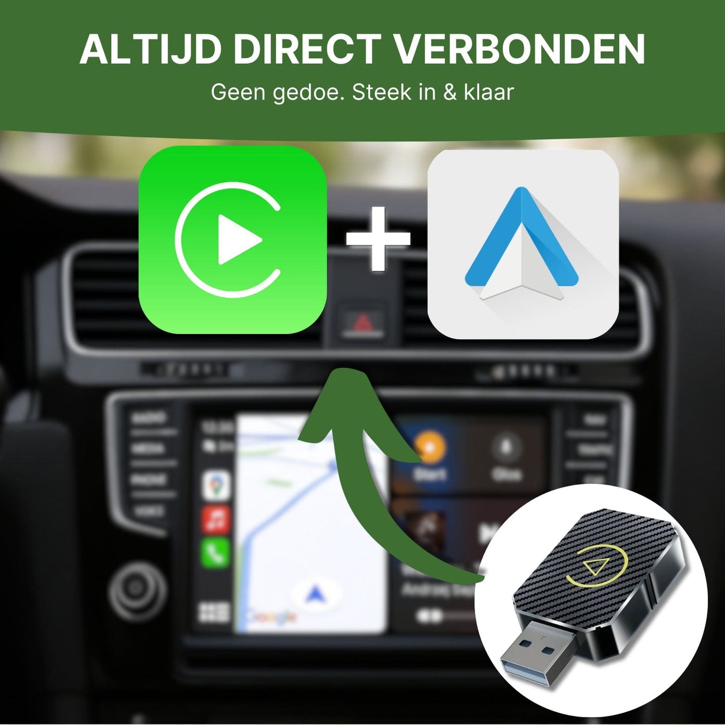 PlugWave USB-adapter voor directe verbinding met Apple CarPlay en Android Auto – plug & play oplossing voor draadloze connectie in de auto