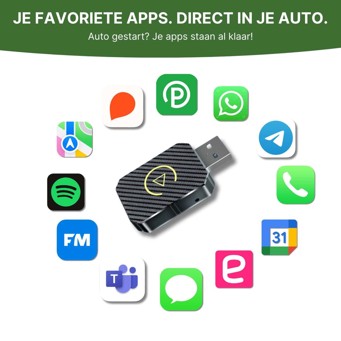 PlugWave USB CarPlay en Android Auto adapter toont compatibiliteit met apps zoals WhatsApp, Spotify, Google Maps, Telegram en meer in de auto