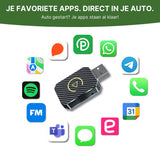 PlugWave USB CarPlay and Android Auto adapter shows compatibility with apps such as WhatsApp, Spotify, Google Maps, Telegram and more in the car