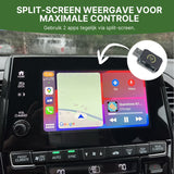 PlugWave USB adapter shows split-screen display of Apple CarPlay and Android Auto with simultaneous navigation and music control in the car