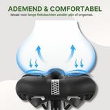 Underside of ergonomic bicycle saddle with ventilation effect, designed for comfort during long rides.
