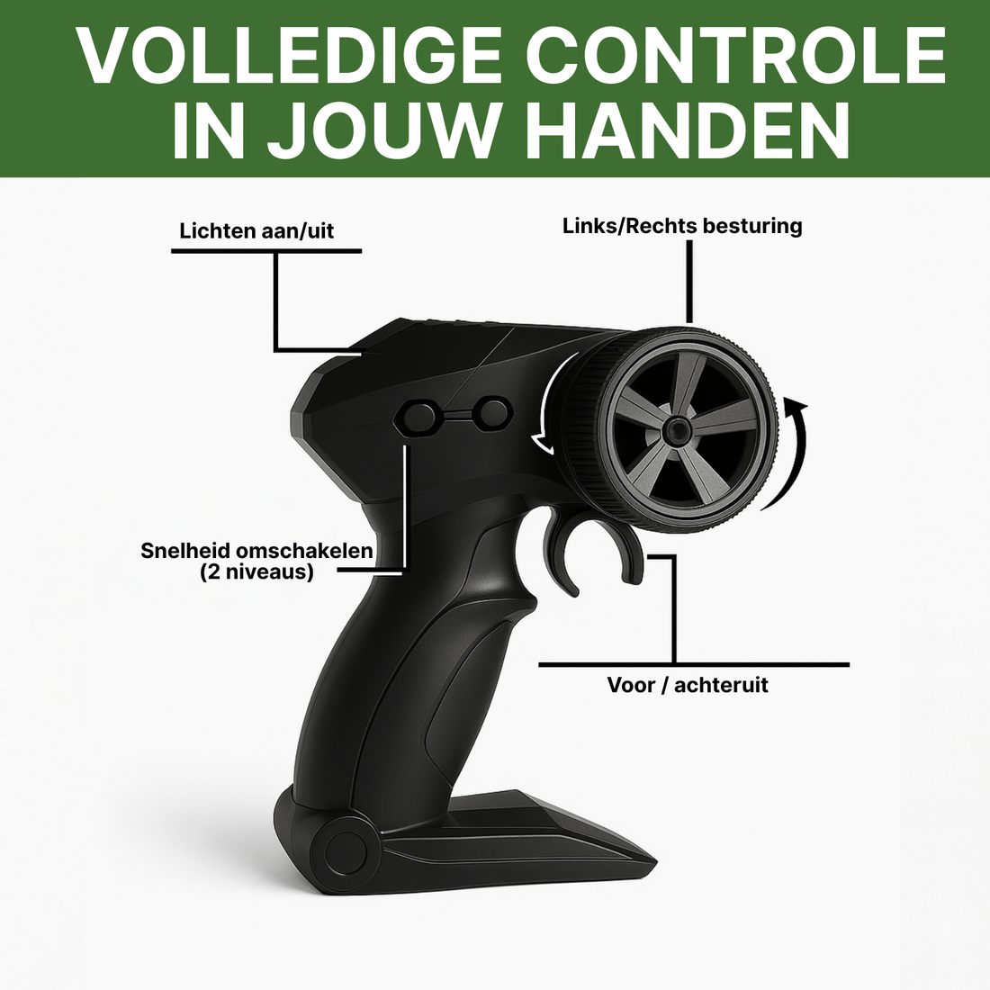 Black RC remote control with buttons for light, speed control, and steering control for a remote-controlled car.