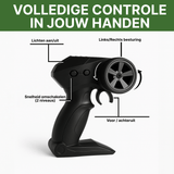 Black RC remote control with buttons for light, speed control, and steering control for a remote-controlled car.