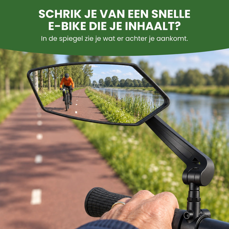Close-up of the Reflectra bike mirror on a bike path by a lake; a cyclist approaches in the glass: see what’s coming up behind you