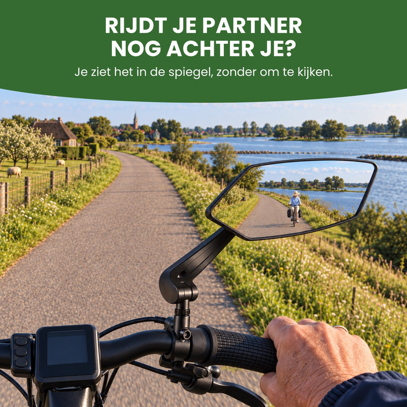 Reflectra bike mirror on the right side of the handlebars, showing a woman cycling behind on a road beside a river