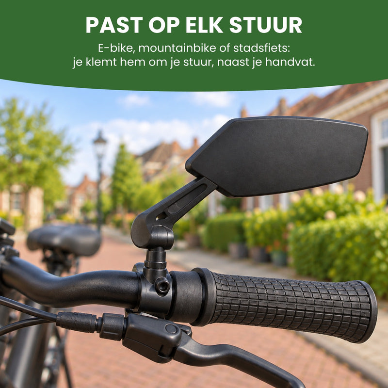 The clamp of the Reflectra bike mirror on the handlebars of an e-bike, next to the grip, seen from the front: fits any handlebar