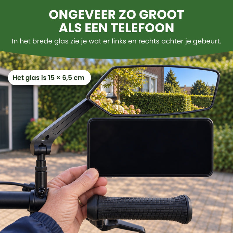 A phone held below the Reflectra bike mirror for size comparison. The mirror glass measures 5.9 by 2.6 inches