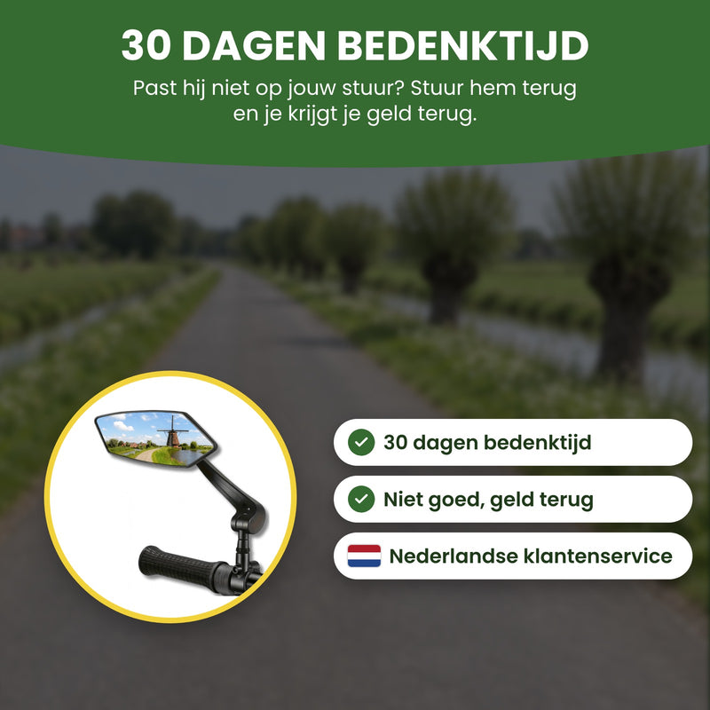Reflectra bike mirror with a country road in the glass, in a circle: 30-day returns, money back if you’re not happy, and English-speaking support