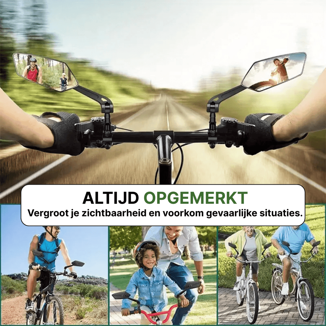 Action image of a bicycle handlebar with Reflectra mirrors clearly showing cyclists approaching from behind.