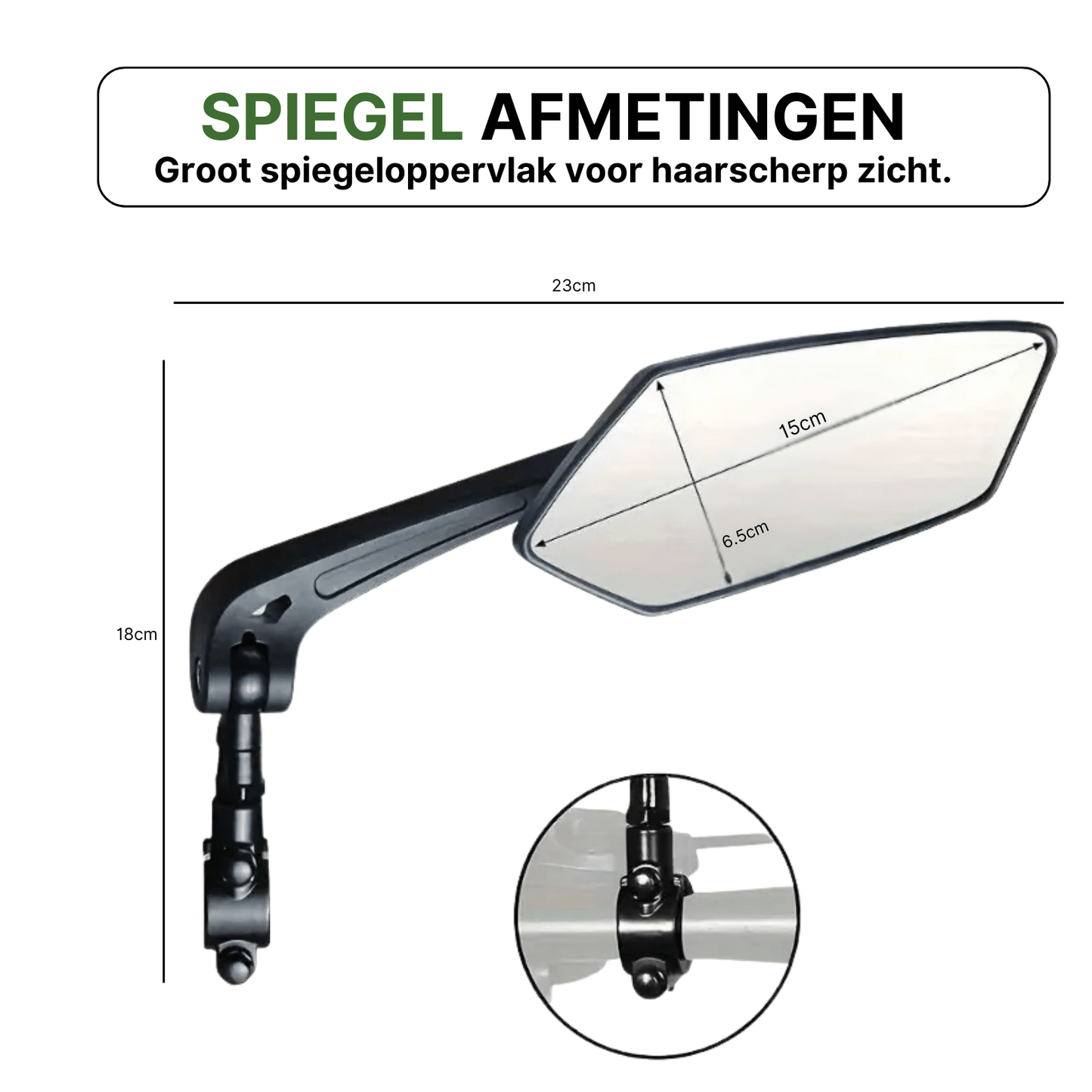 Zwarte Reflectra fietsspiegel met afmetingen en close-up van verstelbare stuurbevestiging.