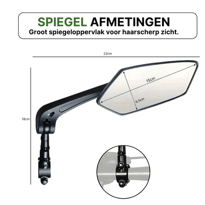 Zwarte Reflectra fietsspiegel met afmetingen en close-up van verstelbare stuurbevestiging.