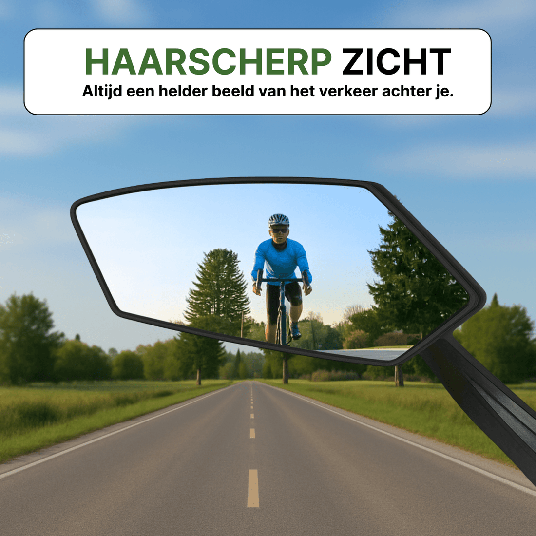 Reflectra bicycle mirror with razor-sharp reflection of cyclist on a straight country road.