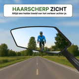Reflectra bicycle mirror with razor-sharp reflection of cyclist on a straight country road.