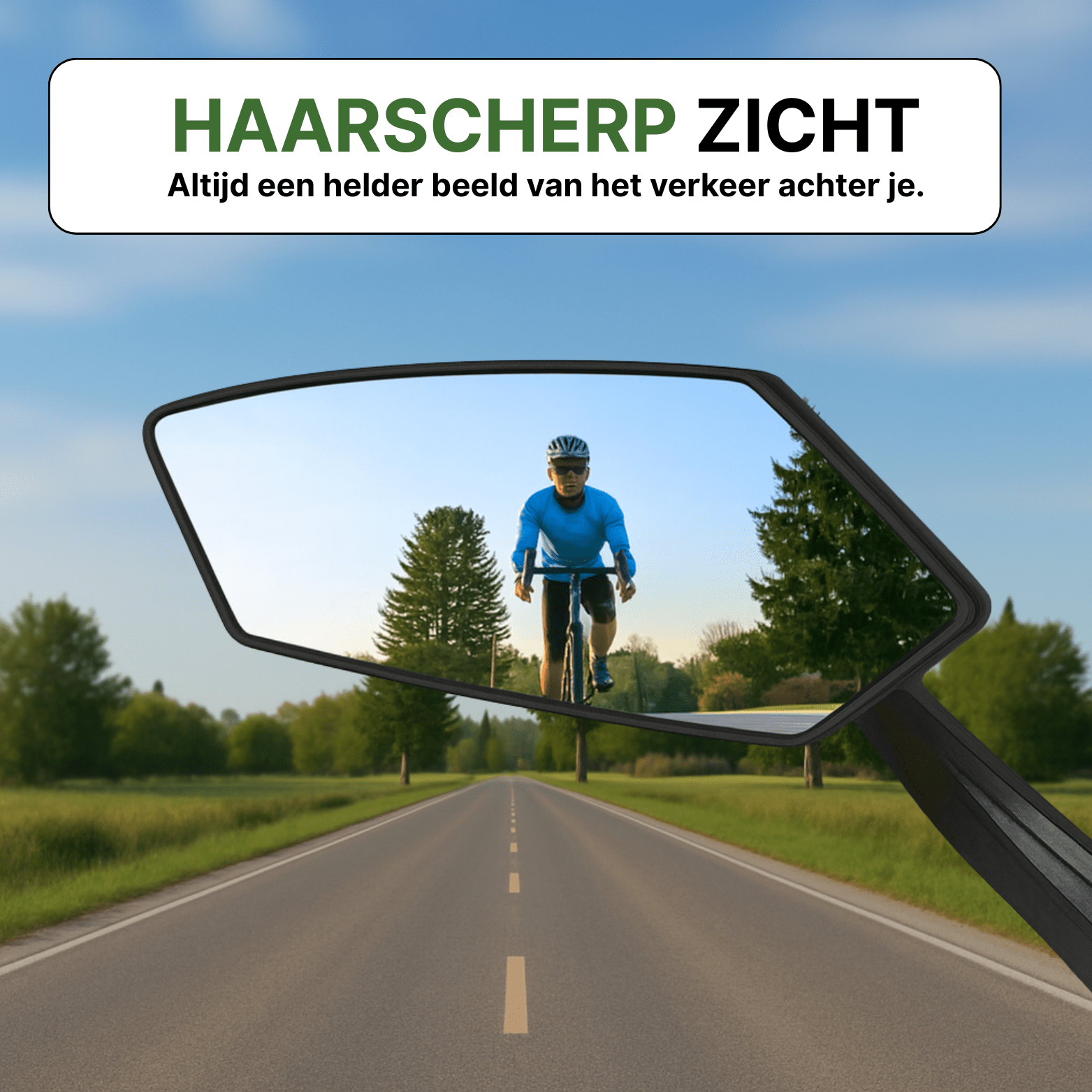 Reflectra fietsspiegel met haarscherpe reflectie van fietser op rechte landelijke weg.
