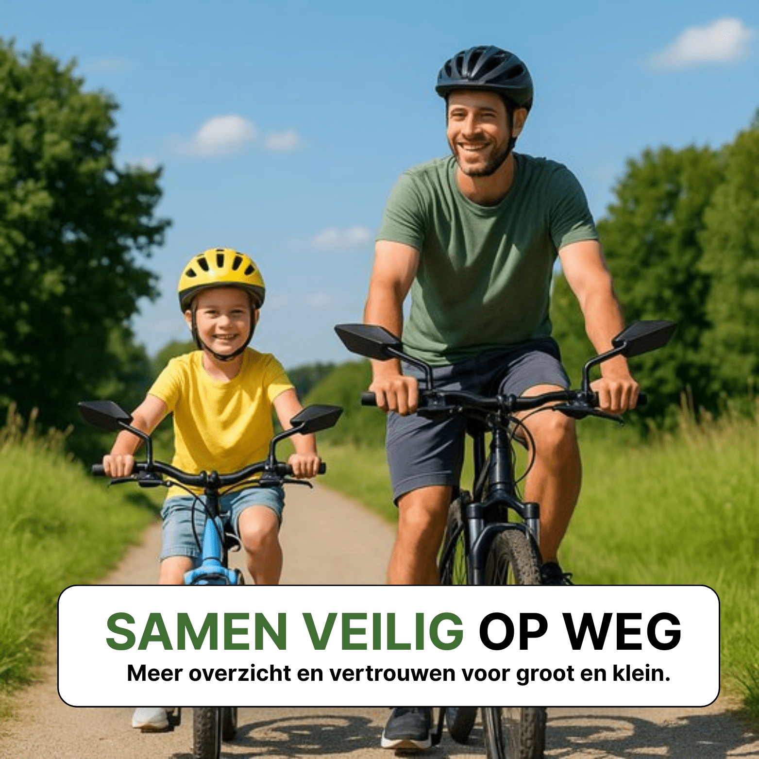 Vader en kind fietsen samen met Reflectra spiegels op het stuur op een zonnig bospad.