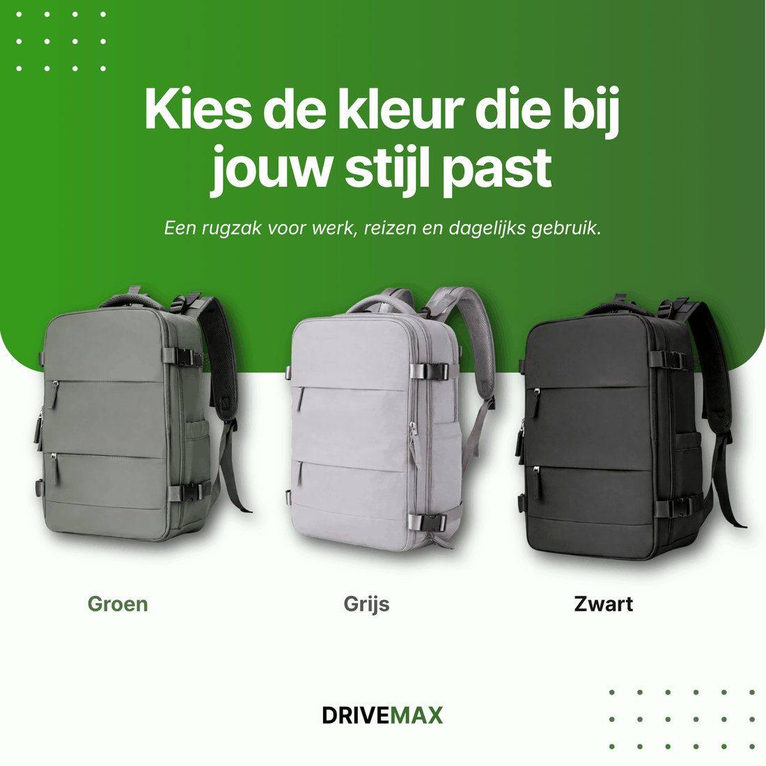 Travel backpacks shown in green, gray and black color options on a promotional background.