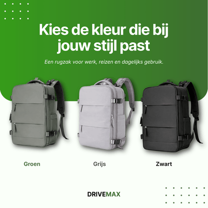 Travel backpacks shown in green, gray and black color options on a promotional background.
