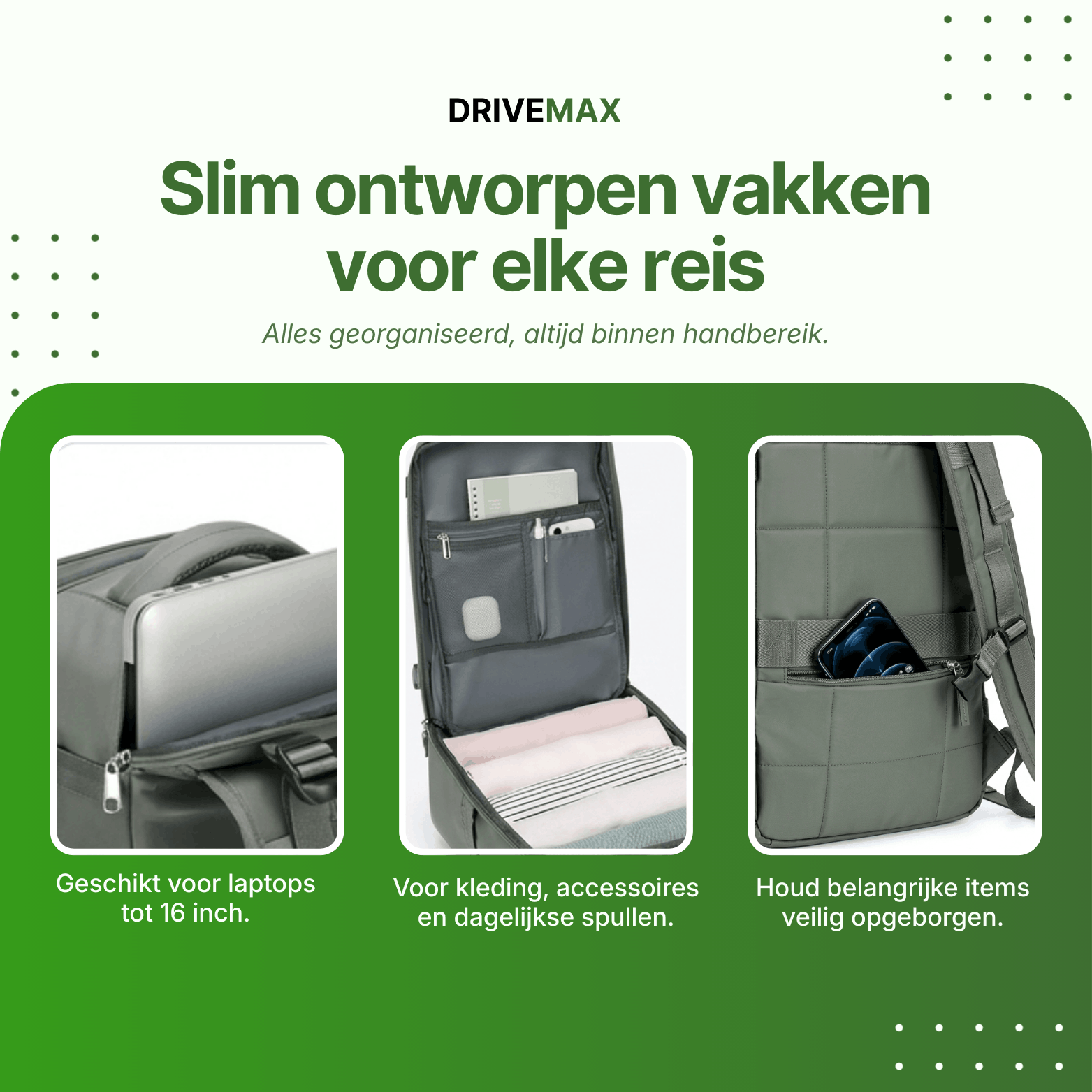 Travel backpack with laptop sleeve, clothing compartment and side pocket for organized storage.